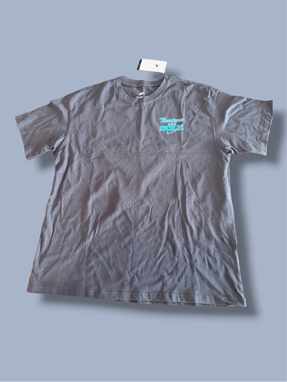 New! Nike Short-Sleeve Crewneck Tee in Gray with Aqua Chest Logo